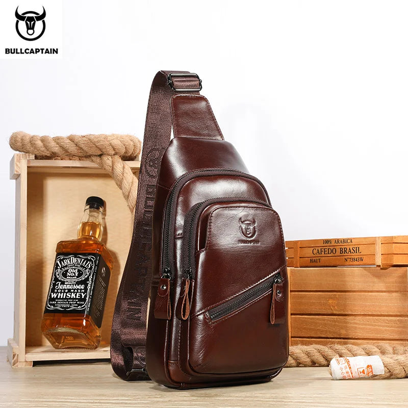 BULLCAPTAIN Men's Leather Chest Bag – Large Capacity Sling Messenger Bag XB-127