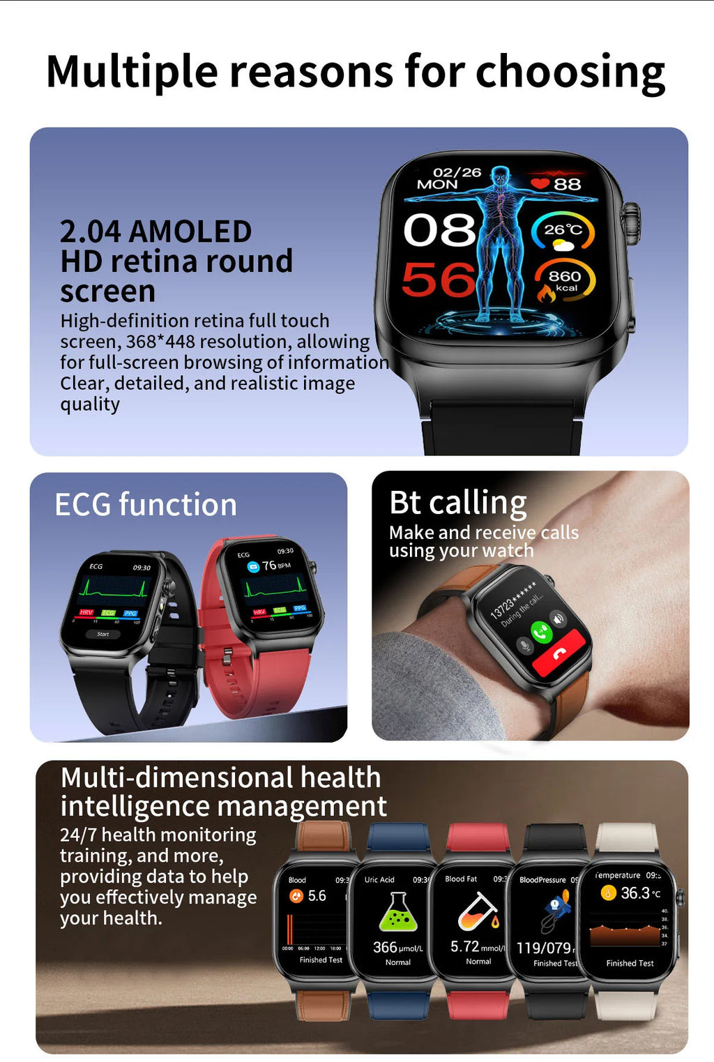 AMOLED Health Smartwatch with ECG, Blood Oxygen, Blood Pressure & Body Fat Tracking