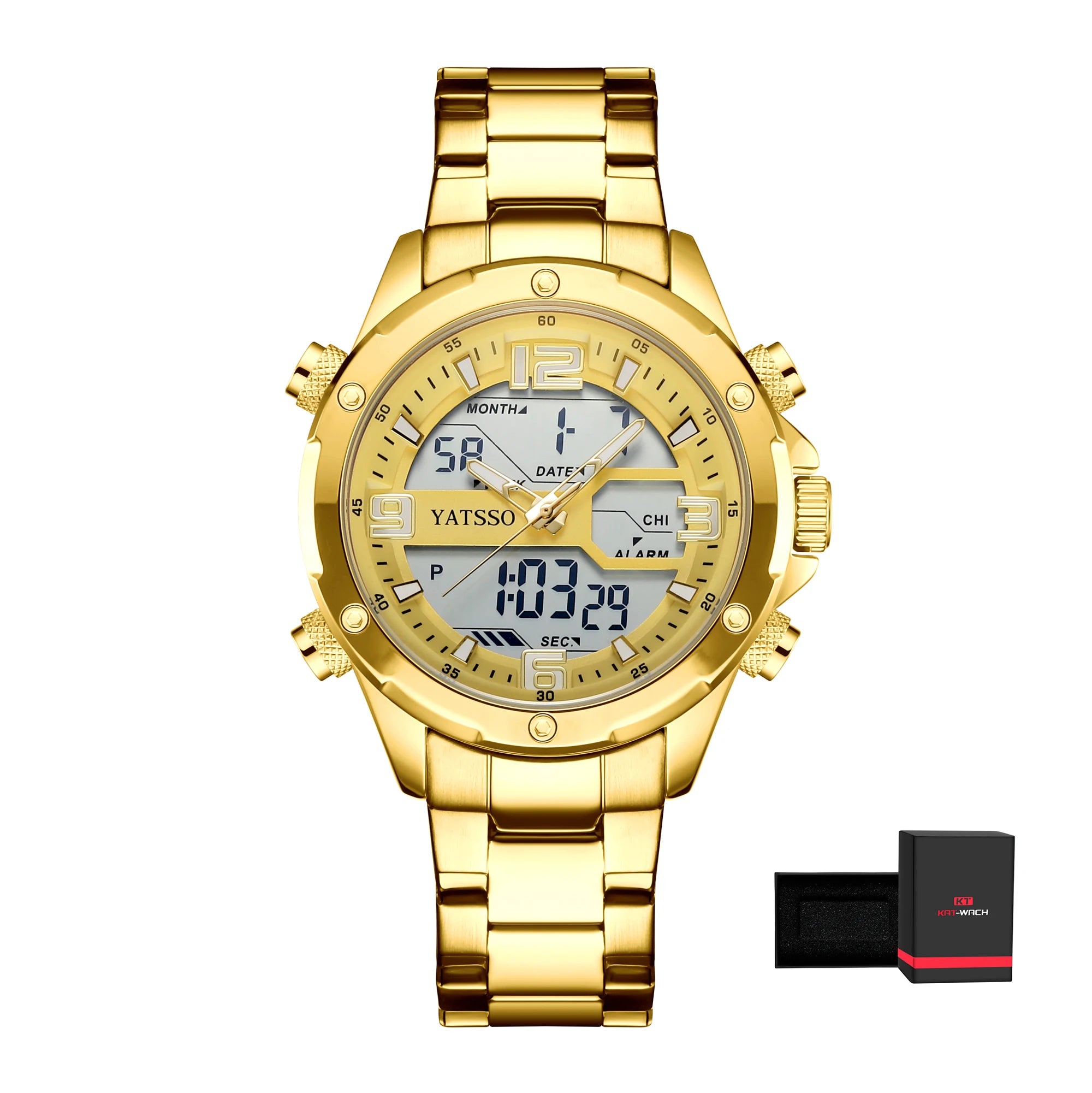 Men's Hybrid Watch, 5ATM Waterproof Steel Band Dual Movement Luminous Hands
