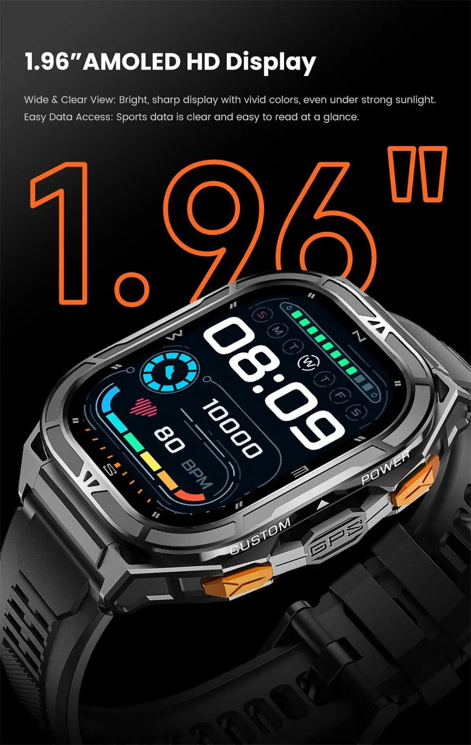 Men's GPS Smart Watch 1.96" AMOLED with Compass & Bluetooth Call