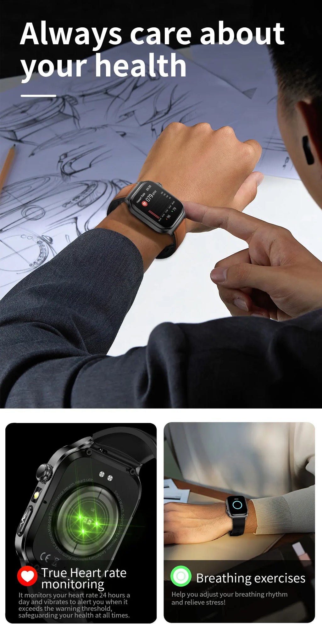 AMOLED Health Smartwatch with ECG, Blood Oxygen, Blood Pressure & Body Fat Tracking