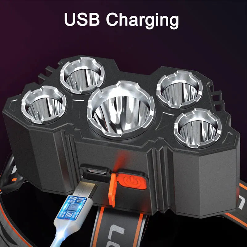 5 LED USB Rechargeable Headlamp, Powerful Head Torch for Camping, Fishing and Outdoor