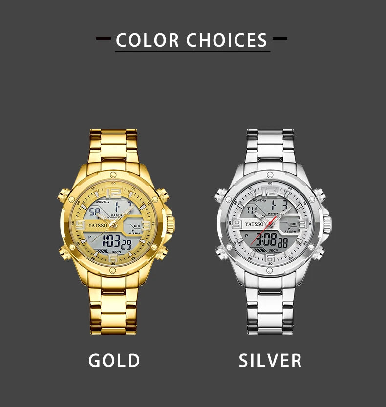 Men's Hybrid Watch, 5ATM Waterproof Steel Band Dual Movement Luminous Hands