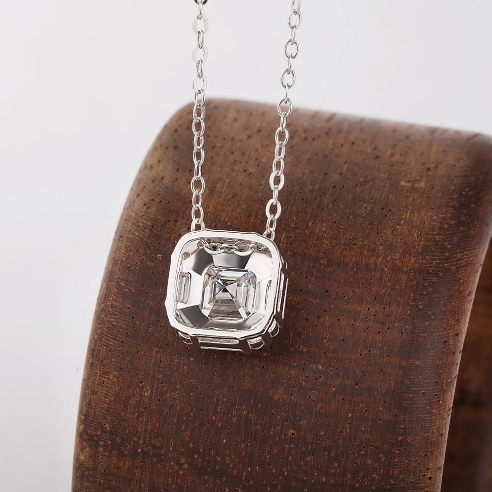 2CT Asscher Cut Moissanite Necklace for Women 925 Sterling Silver Baguette Halo Lab Diamond Pendant Bridal Wedding Jewelry Gifts