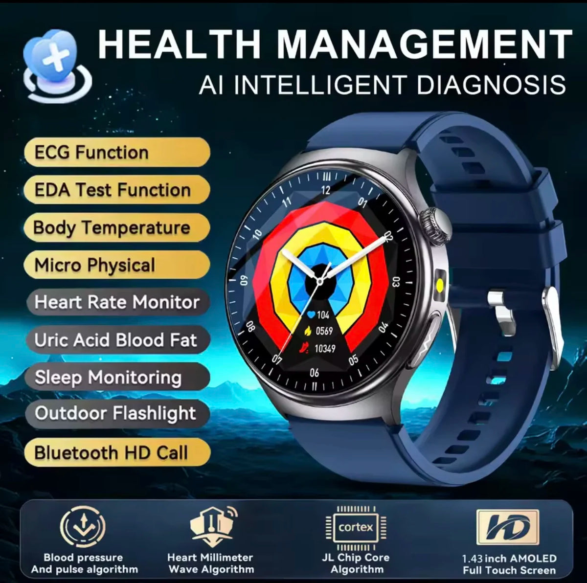 2026 New Diagnosis ECG Smart Watch Sport AI Accurate Uric Acid Blood Pressure Body Fat Five Organ Fitness Waterproof Smartwatch