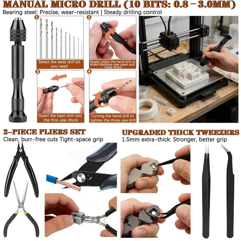 66x 3D Printer Tools Kit with Storage Case for FDM SLA Printers Deburring Tool Scrapers Metal Files Brushes Hand Drill Tweezers