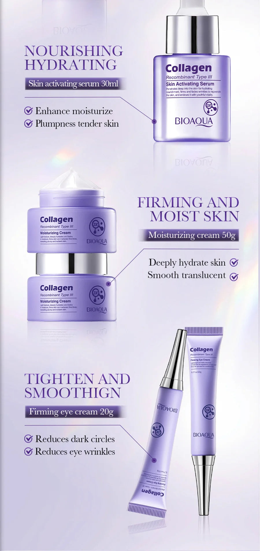BIOAOUA Collagen Anti-Wrinkle Skincare Set – 6pcs with Eye Cream, Face Cream, Toner & Serum