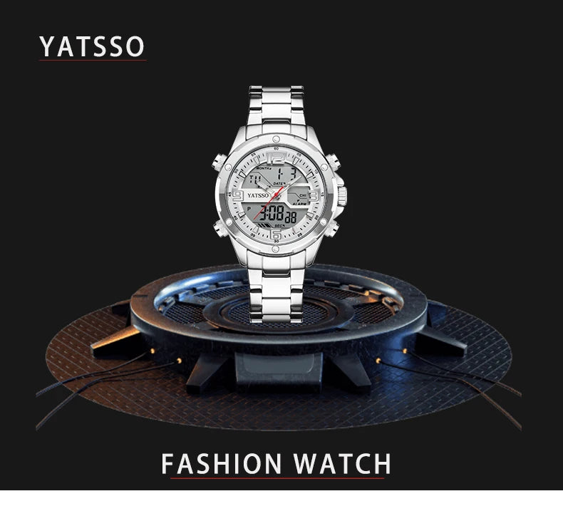Men's Hybrid Watch, 5ATM Waterproof Steel Band Dual Movement Luminous Hands