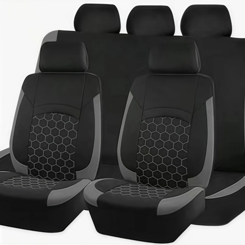 9PCS All-Season Universal Car Seat Covers, Honeycomb Embroidered Durable Polyester Fabric, Hand Washable Car Seat Covers