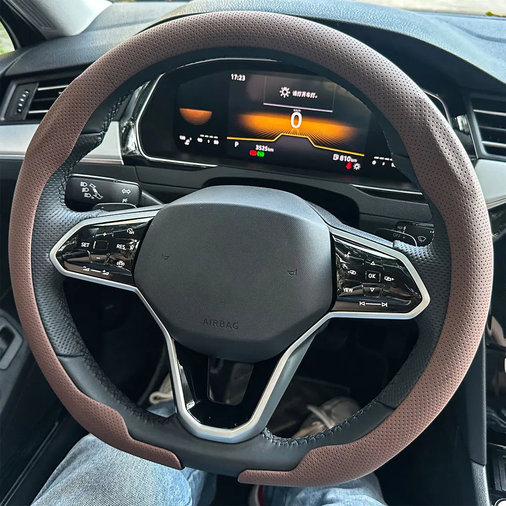 Universal Non-Slip Leather Steering Wheel Cover 36–38cm – Round & D Shape
