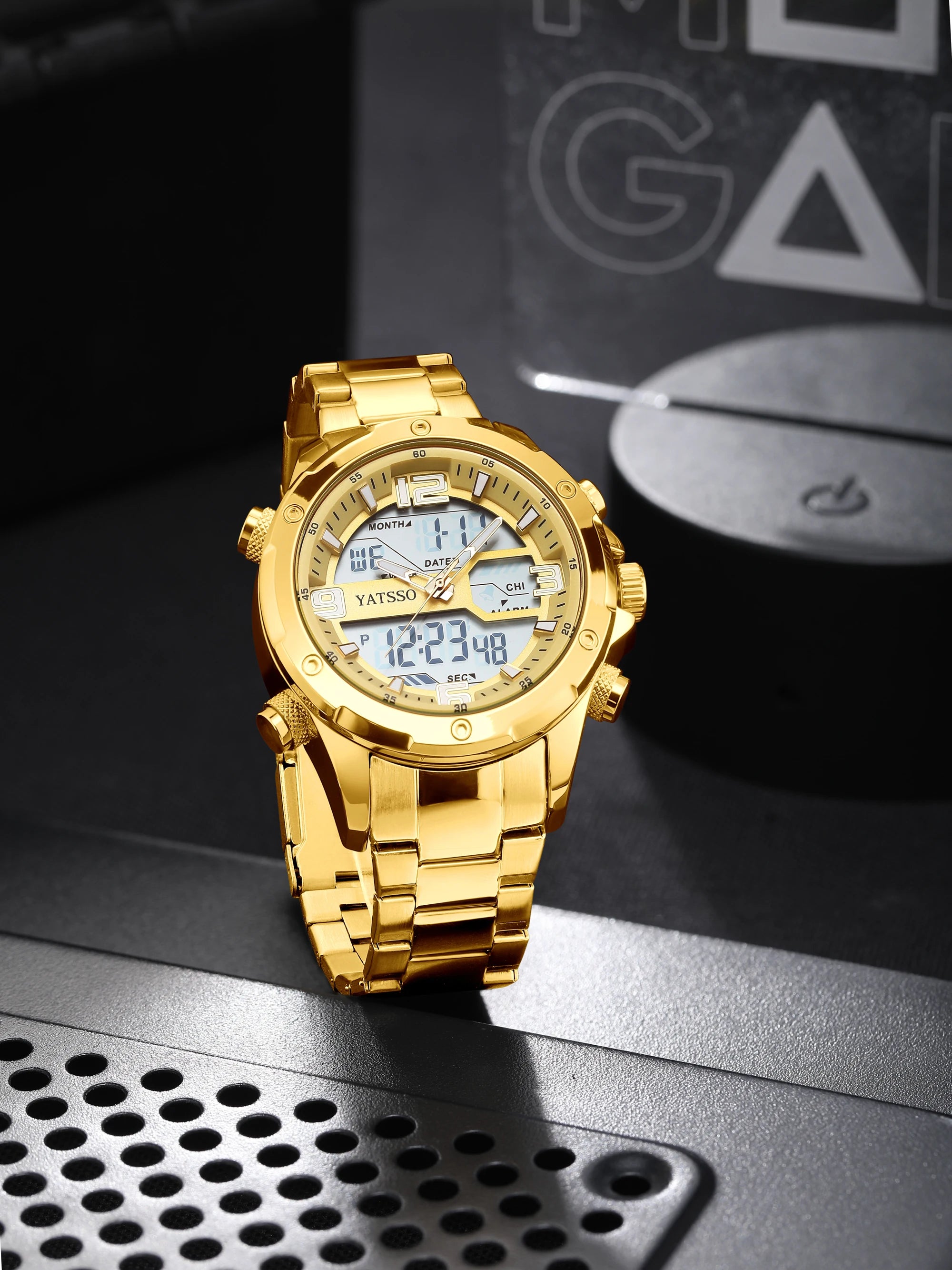 Men's Hybrid Watch, 5ATM Waterproof Steel Band Dual Movement Luminous Hands