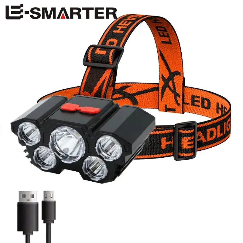5 LED USB Rechargeable Headlamp, Powerful Head Torch for Camping, Fishing and Outdoor