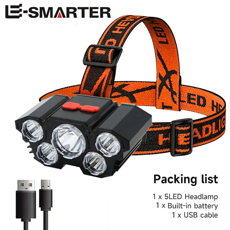 5 LED USB Rechargeable Headlamp, Powerful Head Torch for Camping, Fishing and Outdoor