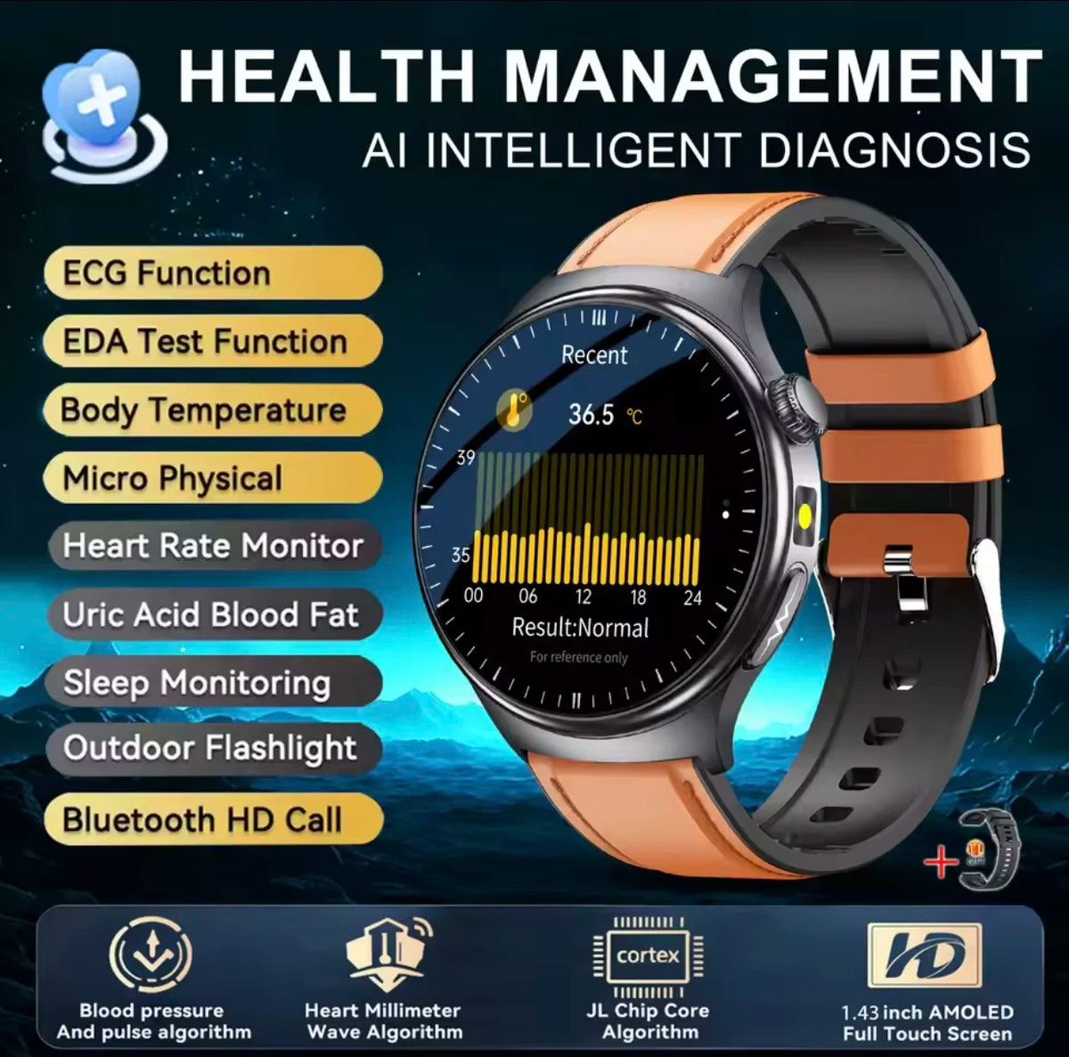 2026 New Diagnosis ECG Smart Watch Sport AI Accurate Uric Acid Blood Pressure Body Fat Five Organ Fitness Waterproof Smartwatch