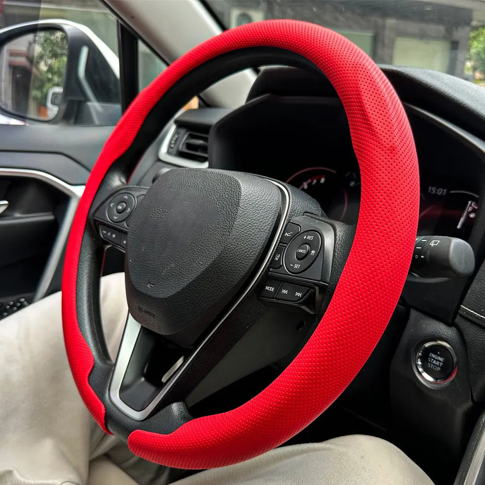 Universal Non-Slip Leather Steering Wheel Cover 36–38cm – Round & D Shape