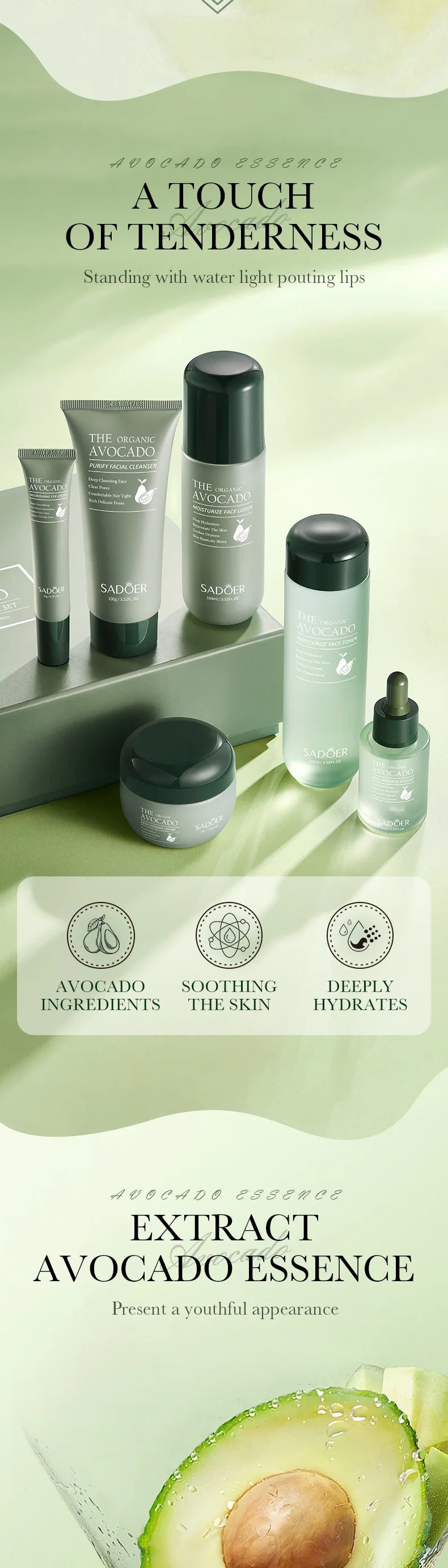 SADOER Avocado Skin Care Set 6pcs – Cleansing, Hydrating & Pore Purifying Kit