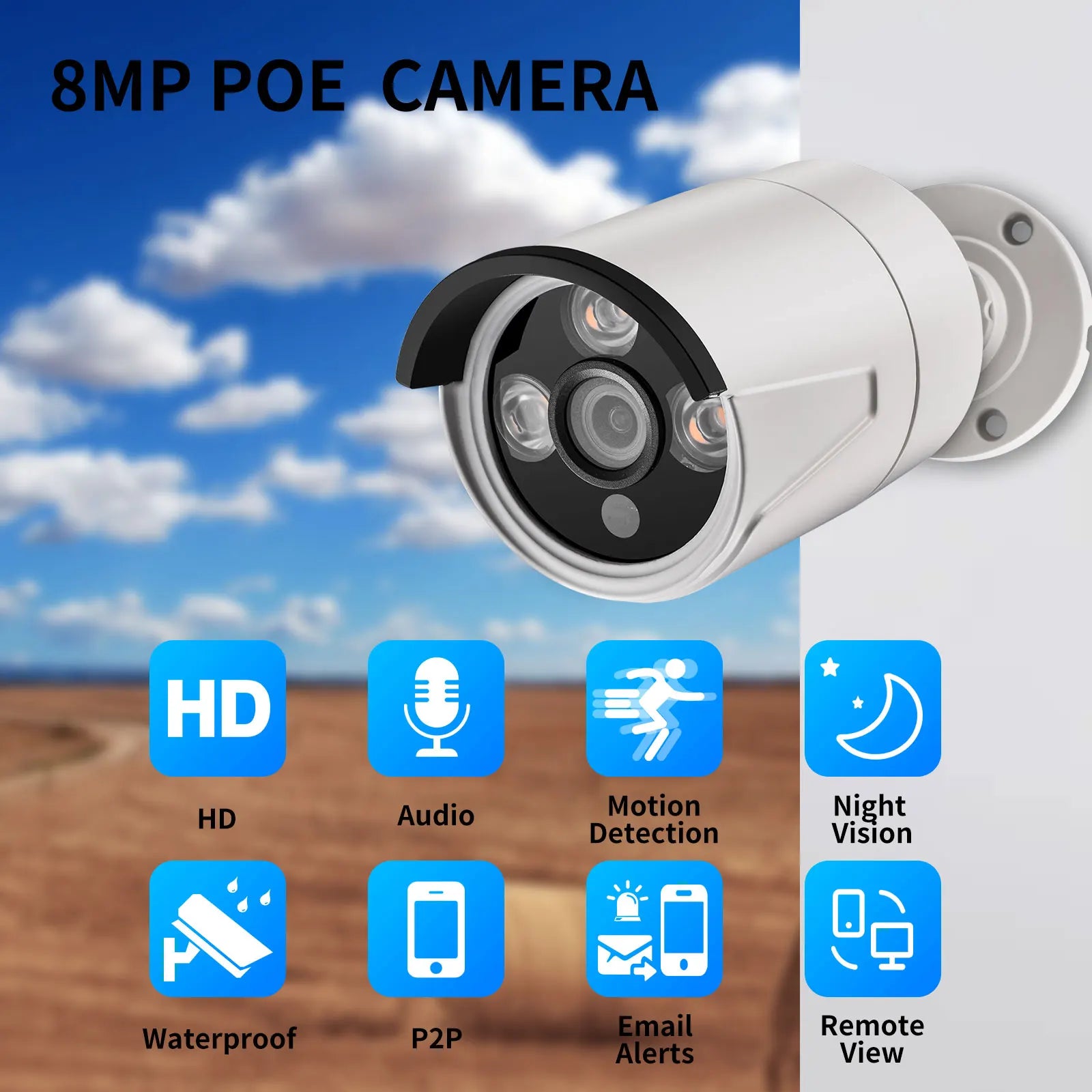 AZISHN 4K 8MP POE Outdoor IP Security Camera, H.265, Waterproof Bullet CCTV