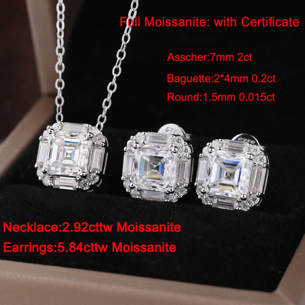 2CT Asscher Cut Moissanite Necklace for Women 925 Sterling Silver Baguette Halo Lab Diamond Pendant Bridal Wedding Jewelry Gifts
