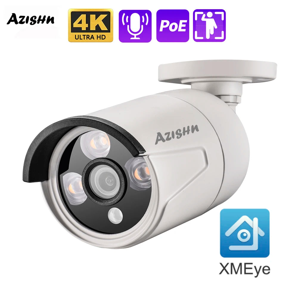 AZISHN 4K 8MP POE Outdoor IP Security Camera, H.265, Waterproof Bullet CCTV
