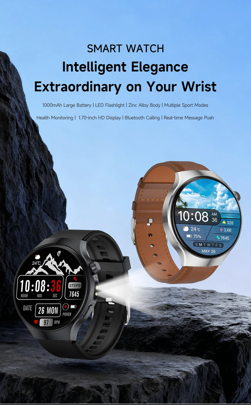 New Men's Smart Watch ,Health Monitor ,Bluetooth Call ,1000mAh Battery large battery,LED Flashlight ,100+Sport Mode Smart Watch