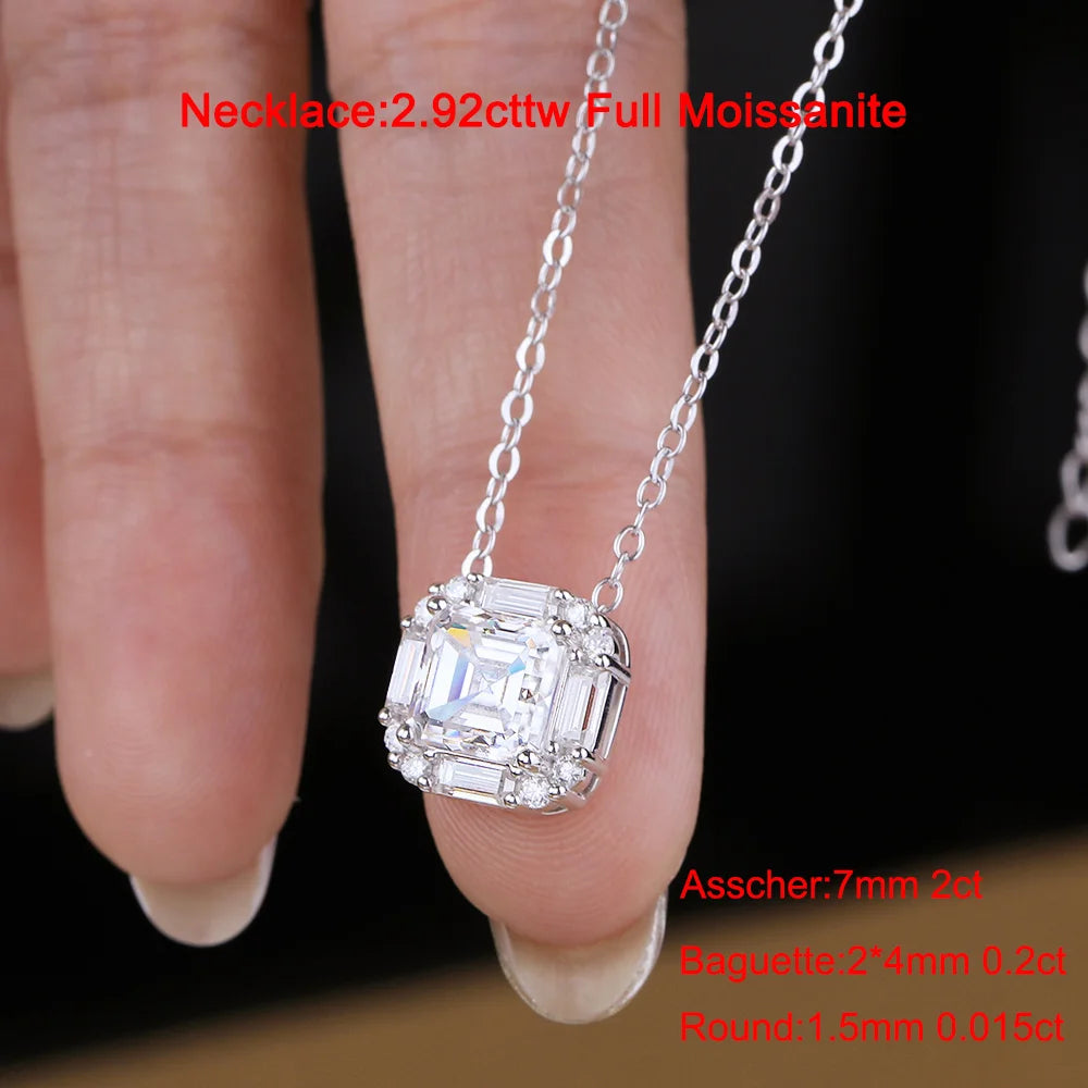 2CT Asscher Cut Moissanite Necklace for Women 925 Sterling Silver Baguette Halo Lab Diamond Pendant Bridal Wedding Jewelry Gifts
