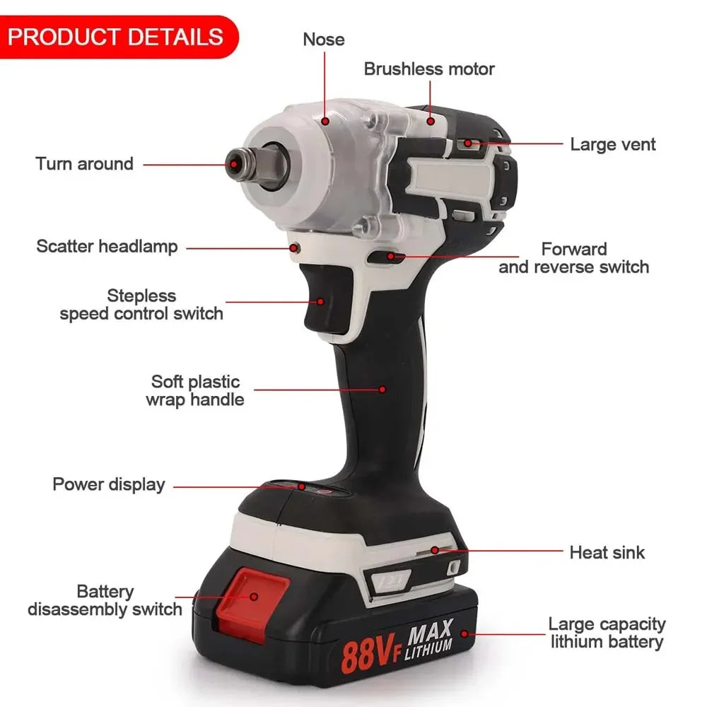 Cordless Electric Impact Wrench Set 380NM — Li-ion Battery High Power Driver with Toolbox