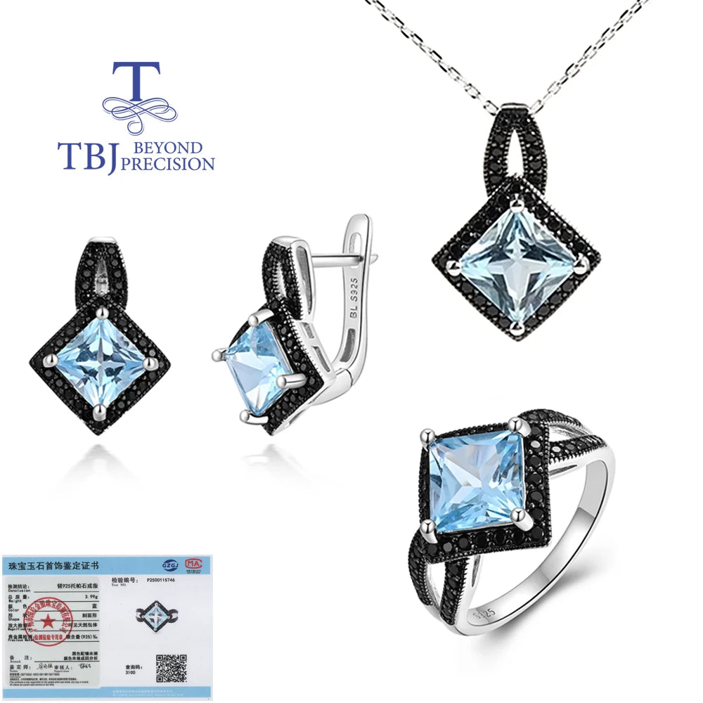 925 silver ring earrings pendant necklace natural sky blue Topaz real gemstone fine jewelry set for women's Daily and party wear