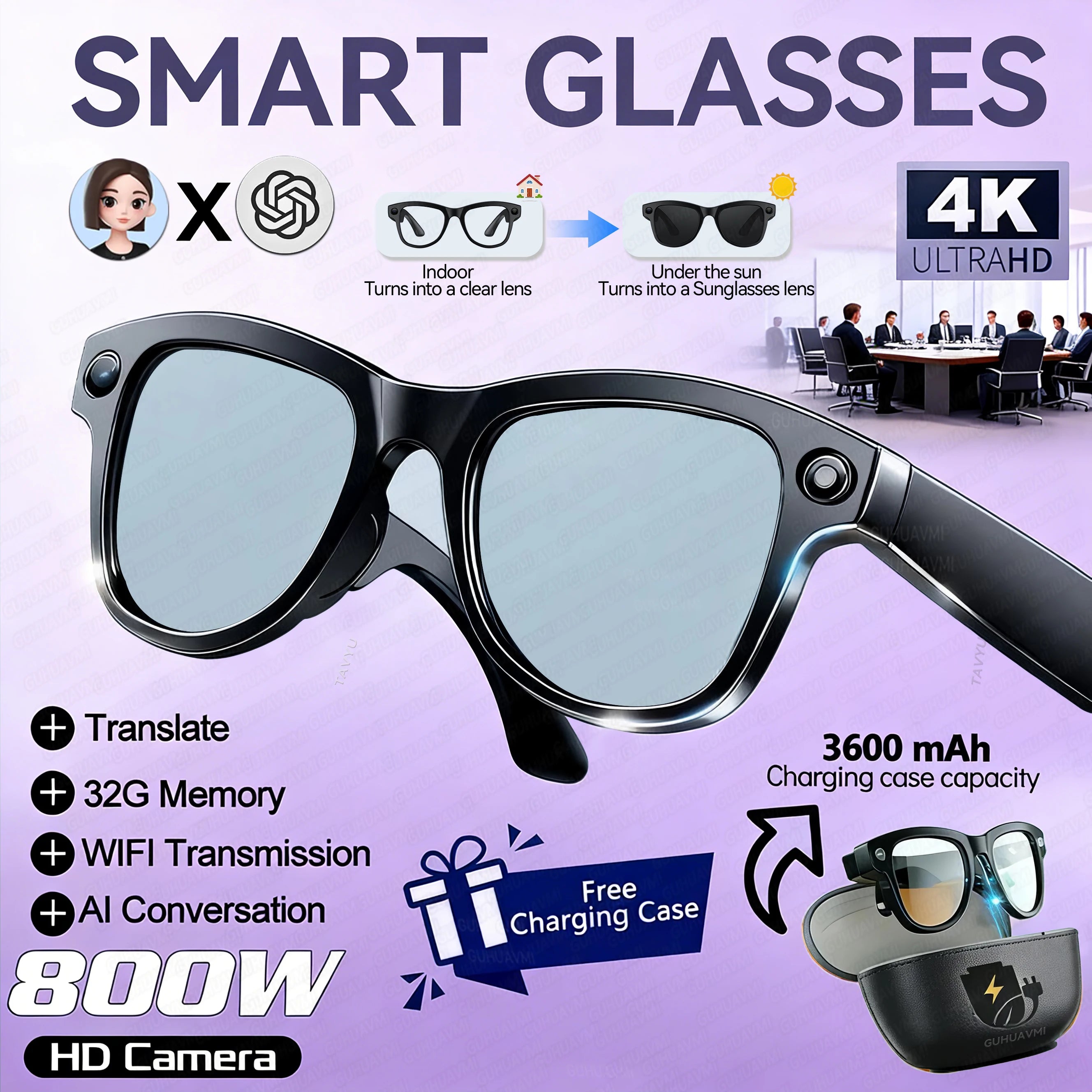 2026 Smart Glasses Women 3600mAh Power Bank 800W Camera 120+Languages Translation Recording Videos Music Player Call Glasses Men