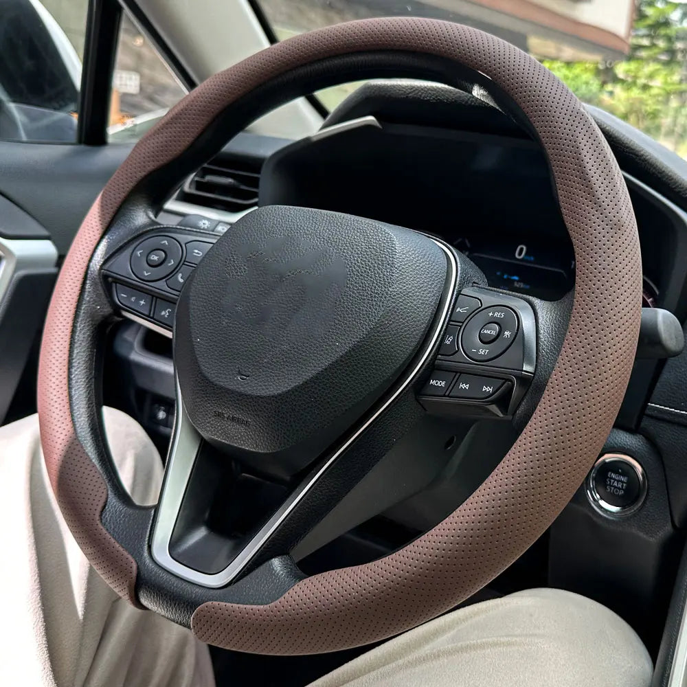 Universal Non-Slip Leather Steering Wheel Cover 36–38cm – Round & D Shape