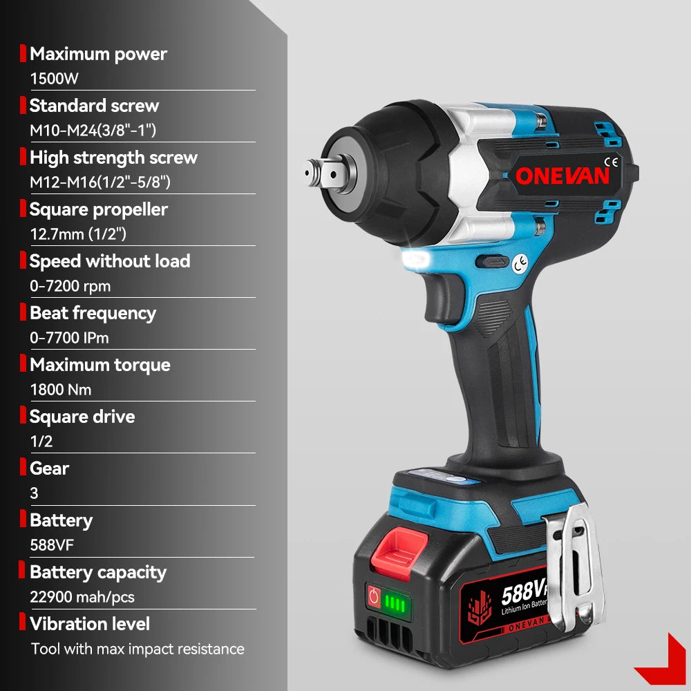 ONEVAN 1800N.M Cordless Brushless Impact Wrench 1/2" — High Torque Power Tool for Makita Battery