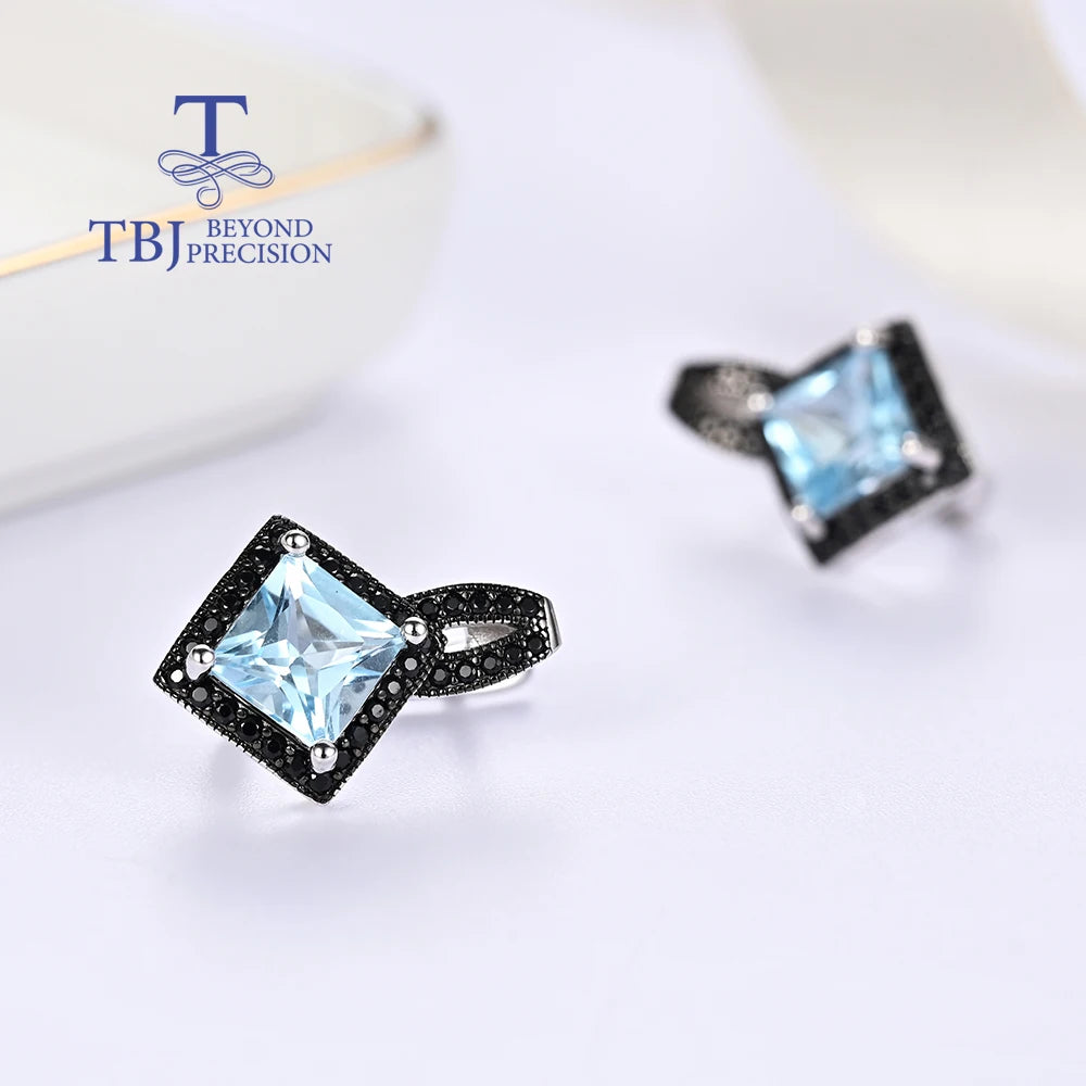 925 silver ring earrings pendant necklace natural sky blue Topaz real gemstone fine jewelry set for women's Daily and party wear