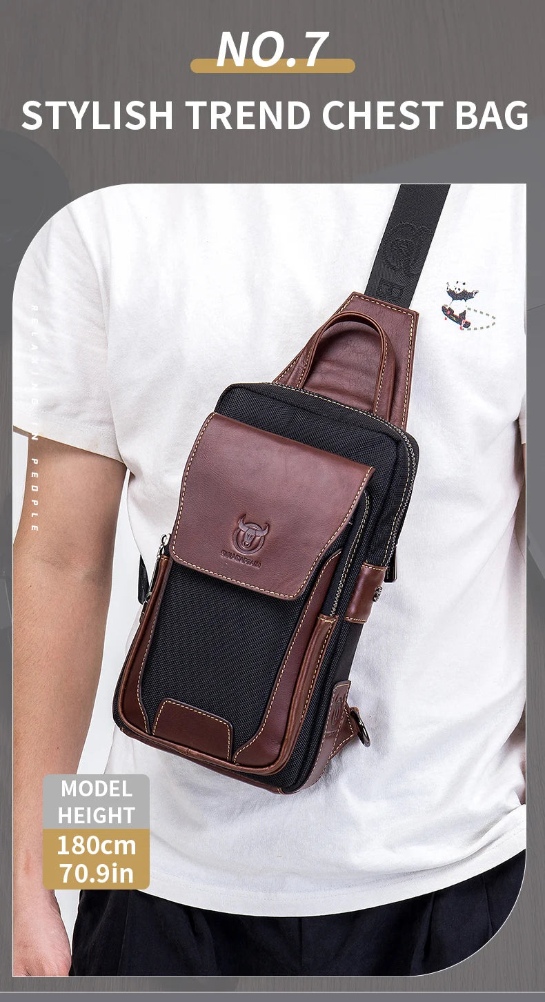 BULLCAPTAIN Men Chest Bag Head Layer Cowhide Men's Bag Casual Fashion Chest Belt Bag Popular Styles Business Shoulder Bag
