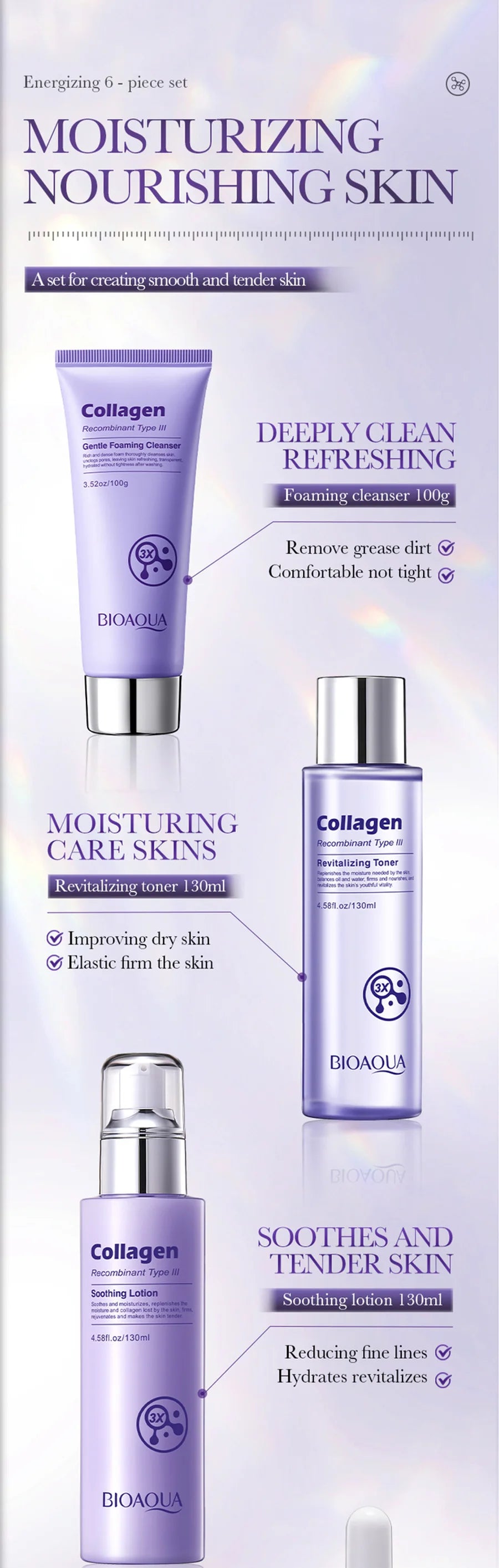 BIOAOUA Collagen Anti-Wrinkle Skincare Set – 6pcs with Eye Cream, Face Cream, Toner & Serum