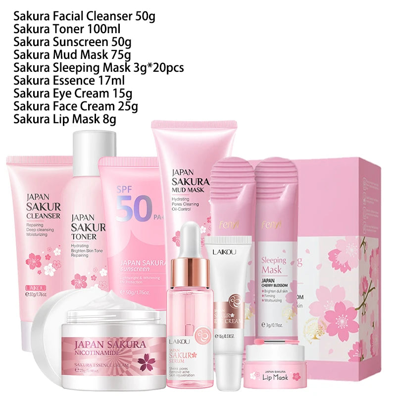 LAIKOU Sakura Skin Care Set – 9pcs Korean Skincare Kit with Cleanser, Toner, Cream & More