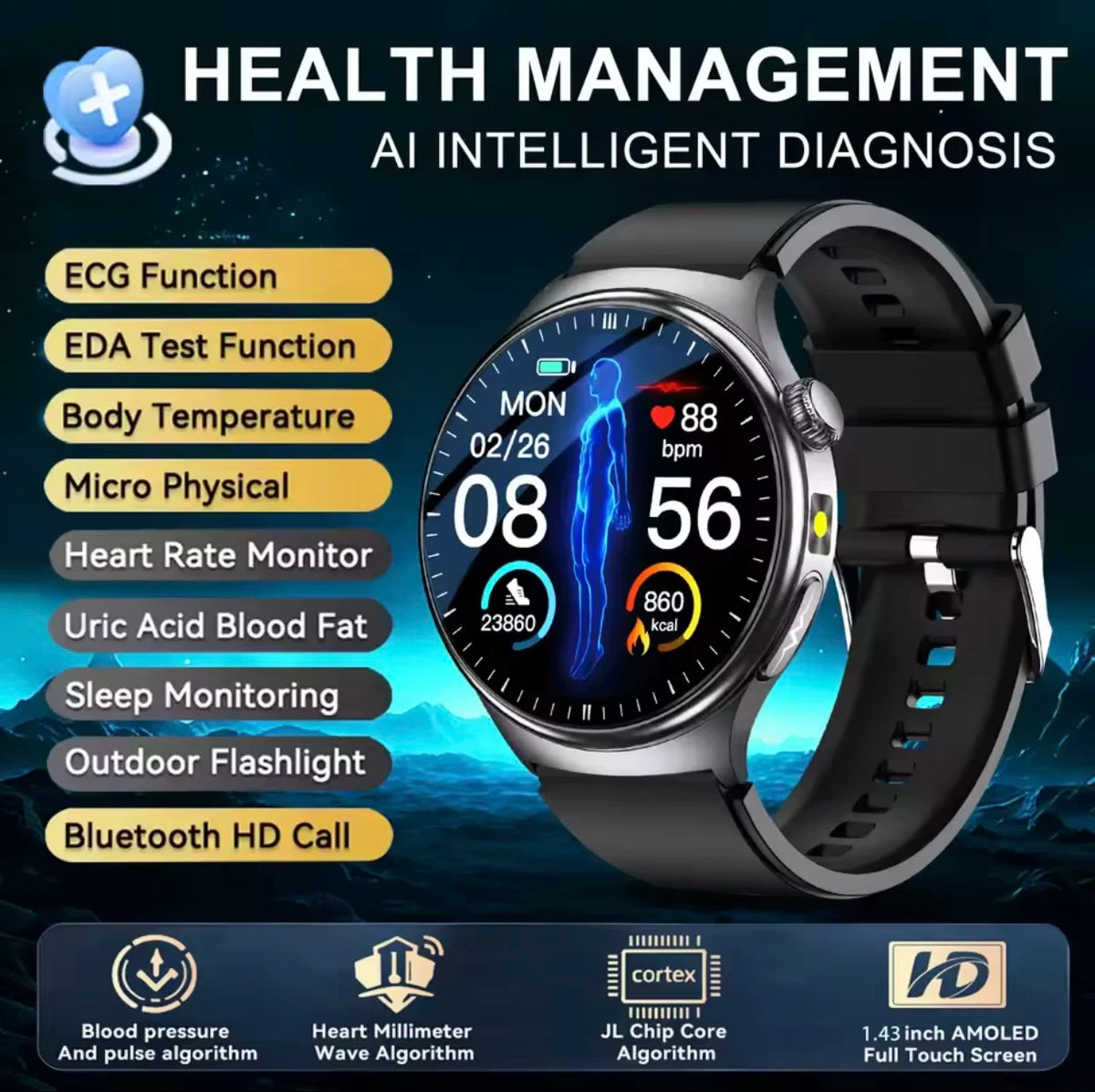 2026 New Diagnosis ECG Smart Watch Sport AI Accurate Uric Acid Blood Pressure Body Fat Five Organ Fitness Waterproof Smartwatch