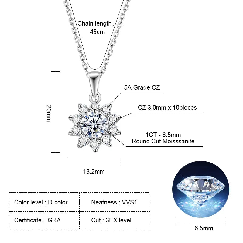 925 Silver Necklace With Real D Color Moissanite 1 Carat Round Shape best gift wedding jewelry