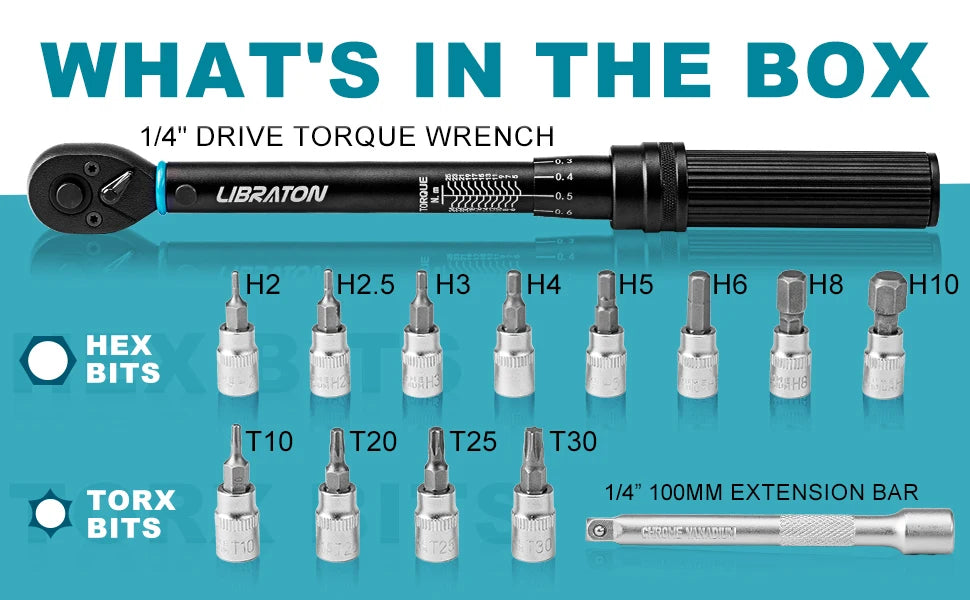 Bike Torque Wrench 1/4'', 5-25Nm, 0.1Nm Micro, Drive Click Torque Wrench Set, Hex, Torx/Star Bit Sockets, Extension Bar