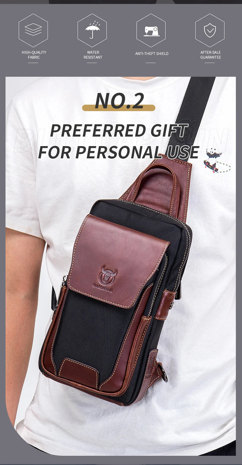 BULLCAPTAIN Men Chest Bag Head Layer Cowhide Men's Bag Casual Fashion Chest Belt Bag Popular Styles Business Shoulder Bag
