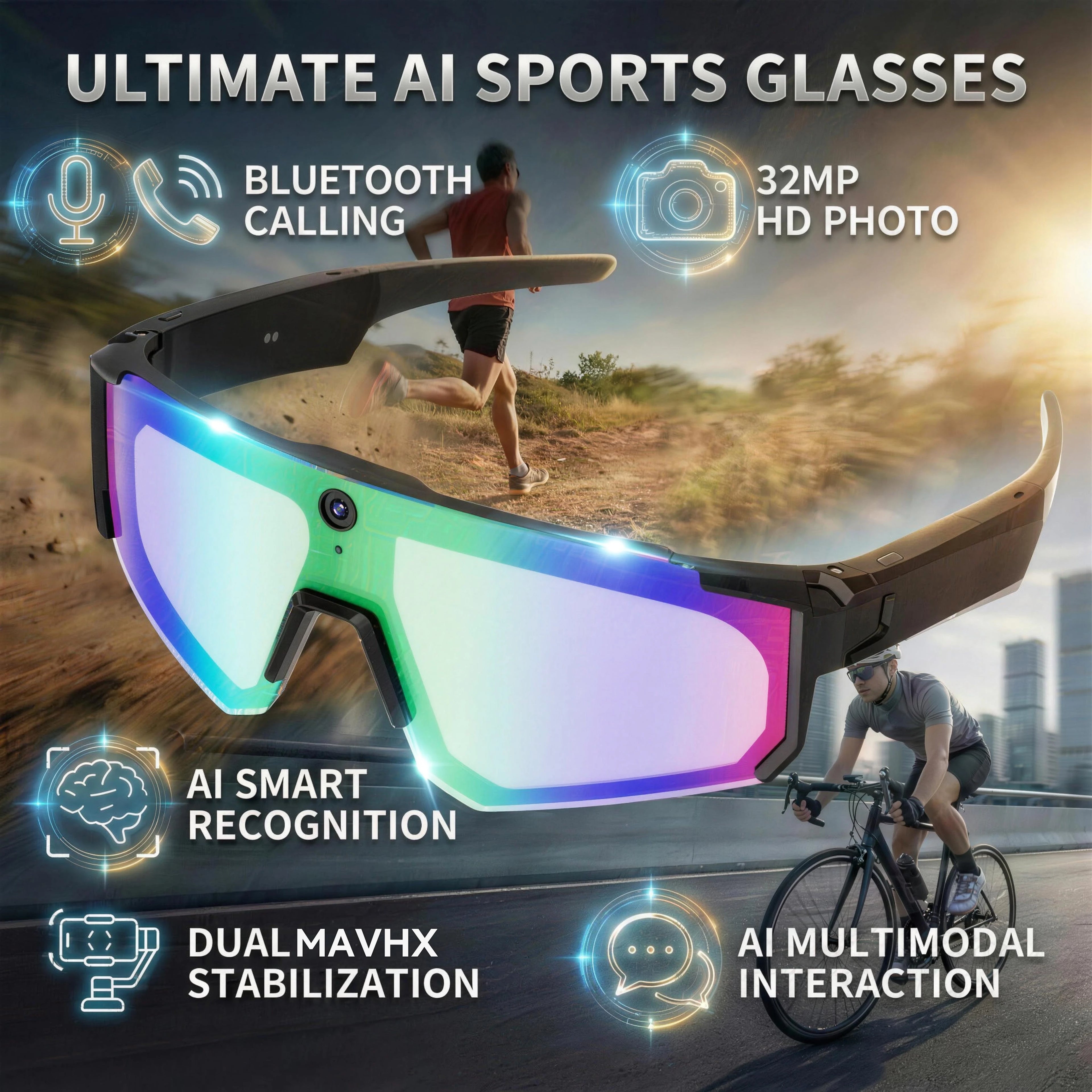 2026 New Smart Glasses Men 800W HD Photo Video Bluetooth Call Translation Anti Glare Running Baseball Sunglasses Cycling Glasses