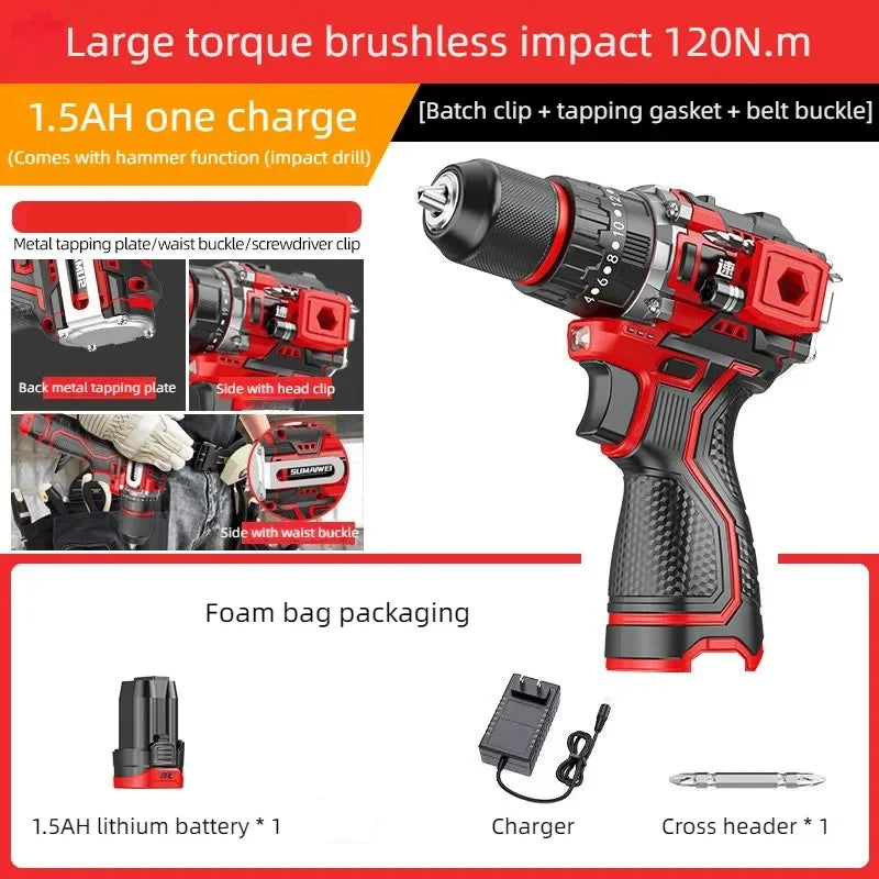 Brushless Cordless Impact Drill – Electric Screwdriver with Metal Chuck