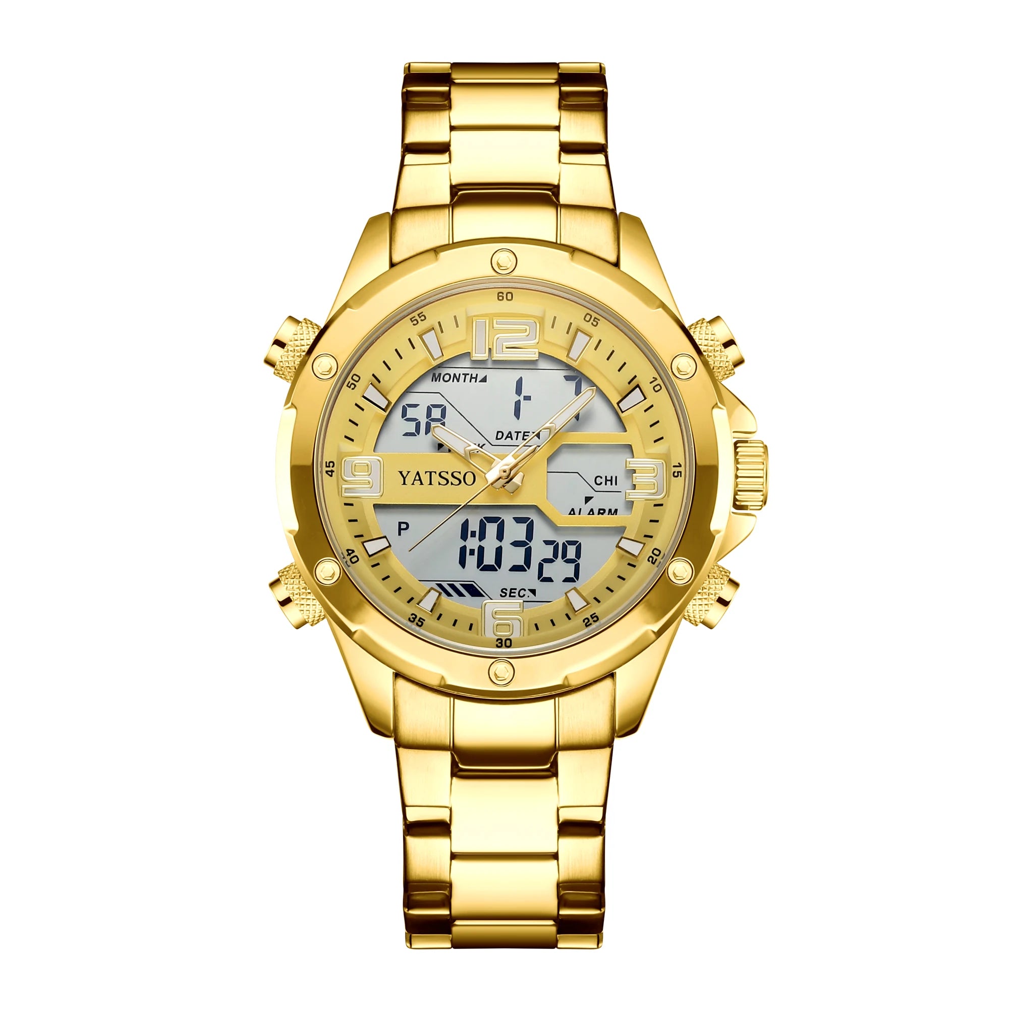 Men's Hybrid Watch, 5ATM Waterproof Steel Band Dual Movement Luminous Hands