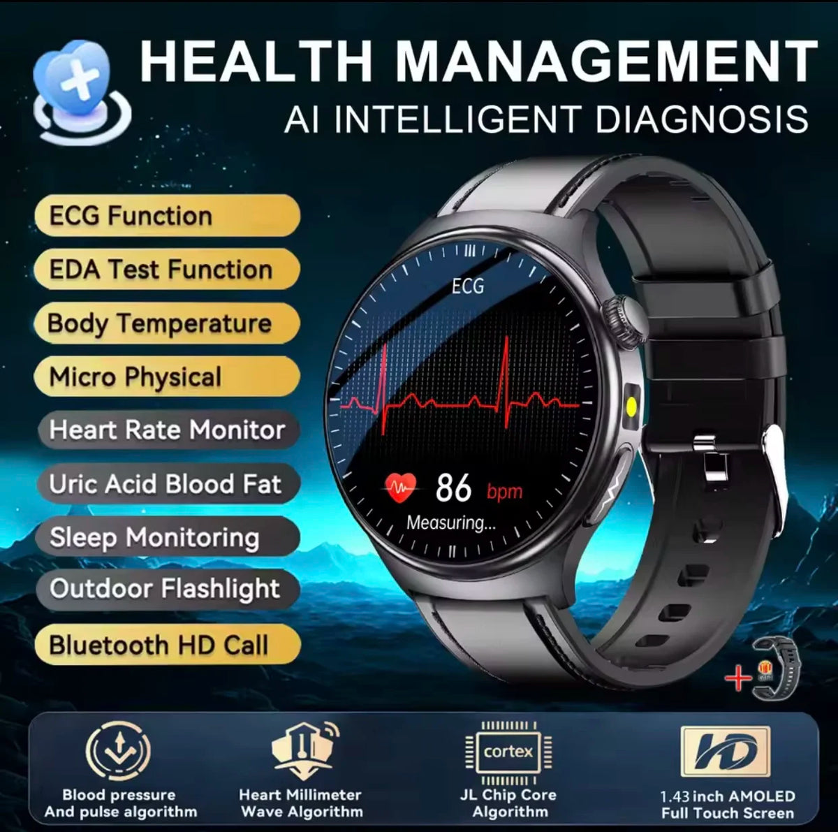 2026 New Diagnosis ECG Smart Watch Sport AI Accurate Uric Acid Blood Pressure Body Fat Five Organ Fitness Waterproof Smartwatch
