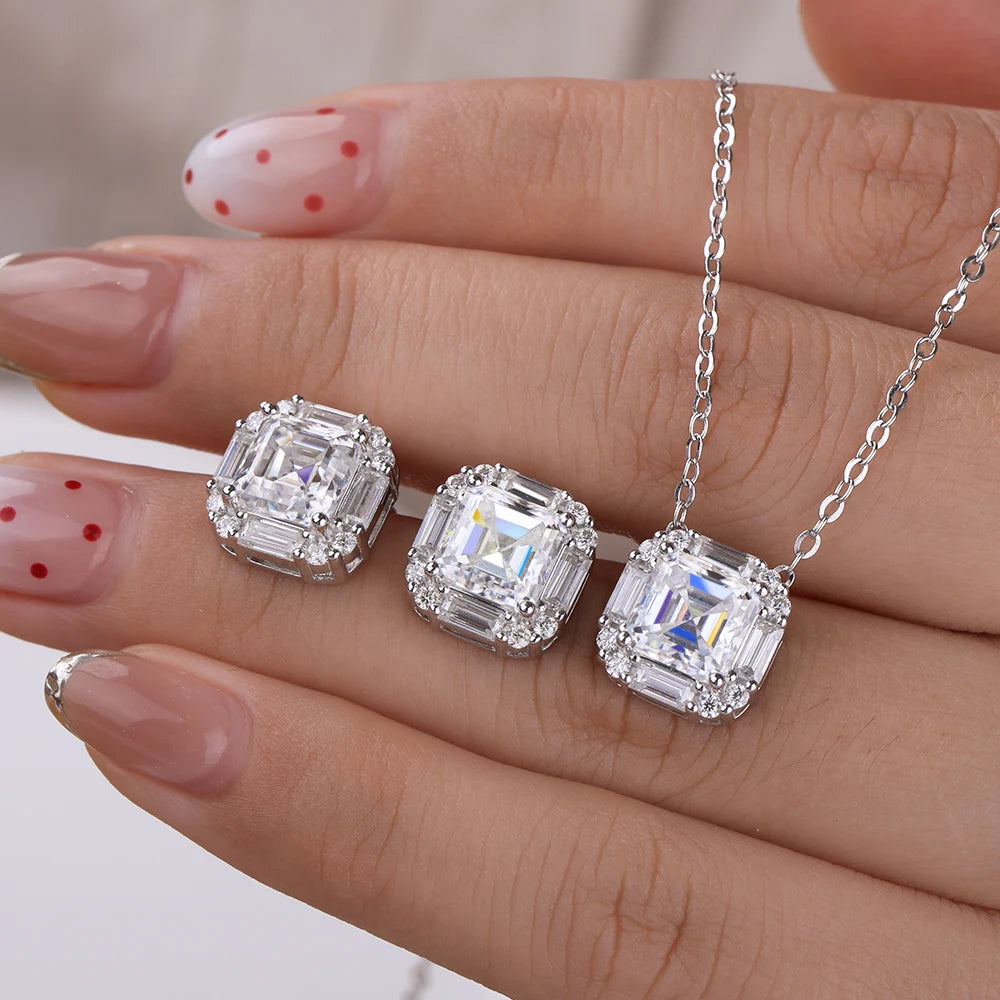 2CT Asscher Cut Moissanite Necklace for Women 925 Sterling Silver Baguette Halo Lab Diamond Pendant Bridal Wedding Jewelry Gifts