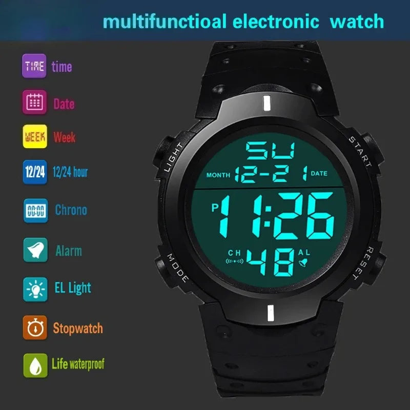 Men's Sport LED Digital Watch, Multi-Function Rubber Fitness Athlete Electronic Clock