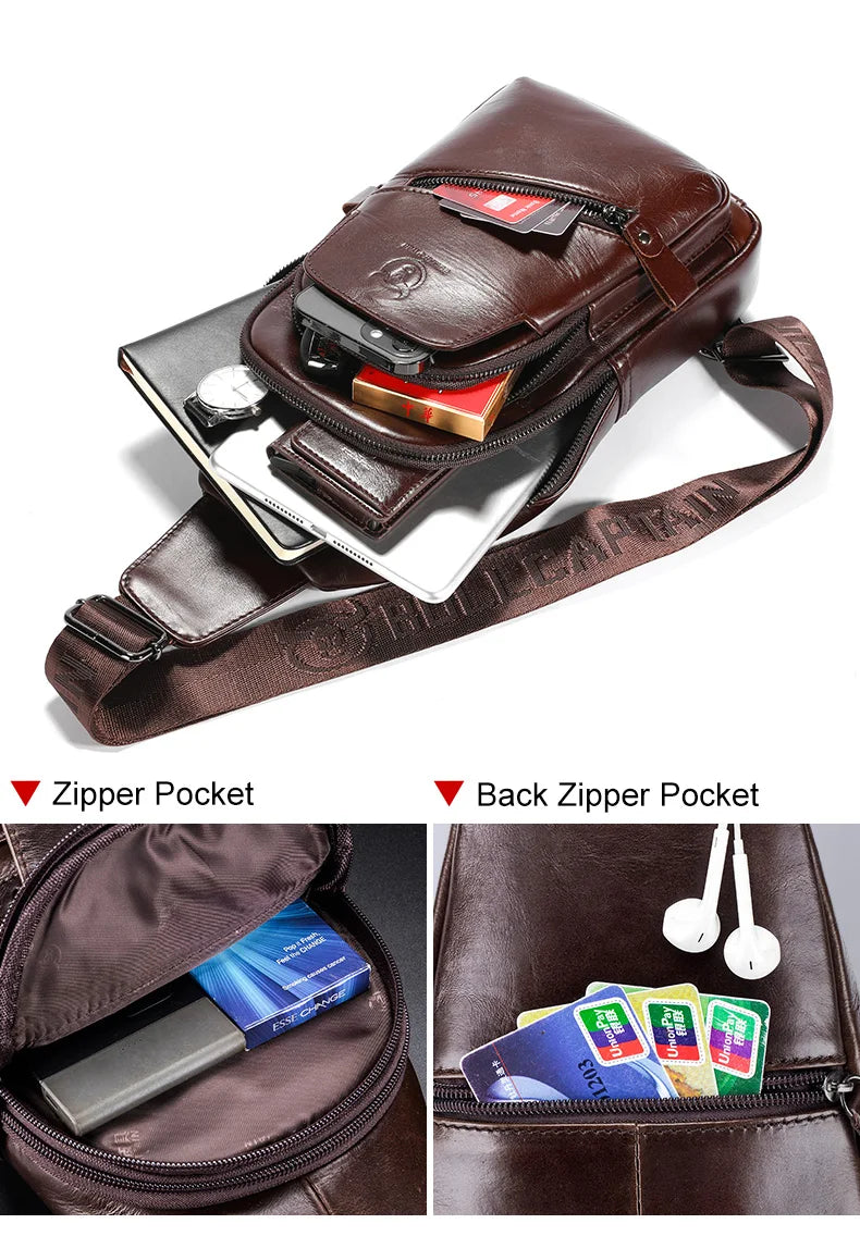 BULLCAPTAIN Men's Leather Chest Bag – Large Capacity Sling Messenger Bag XB-127