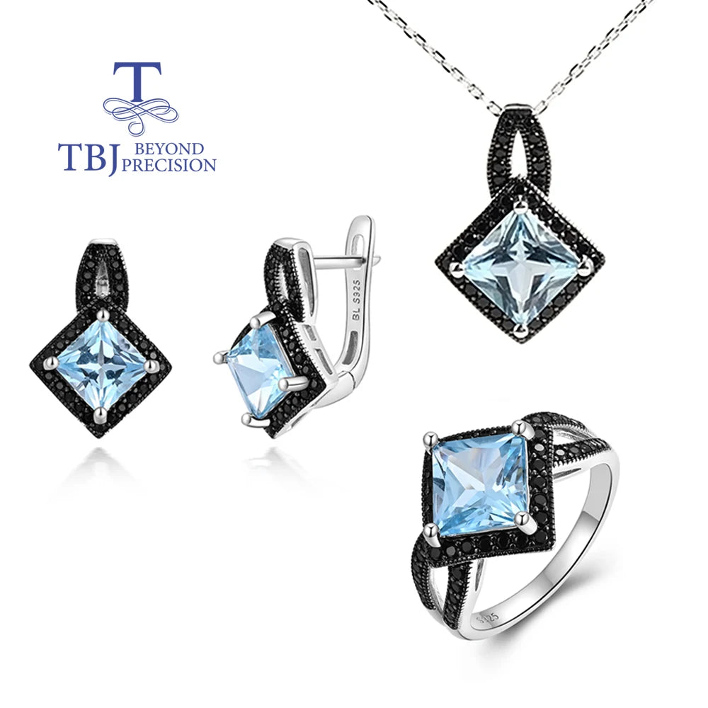 925 silver ring earrings pendant necklace natural sky blue Topaz real gemstone fine jewelry set for women's Daily and party wear