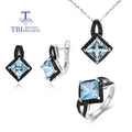 925 silver ring earrings pendant necklace natural sky blue Topaz real gemstone fine jewelry set for women's Daily and party wear