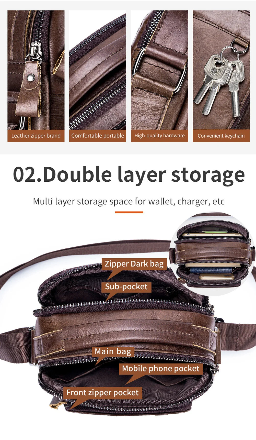 Men's 100% Genuine Leather Shoulder Bag – Compact Crossbody Handbag