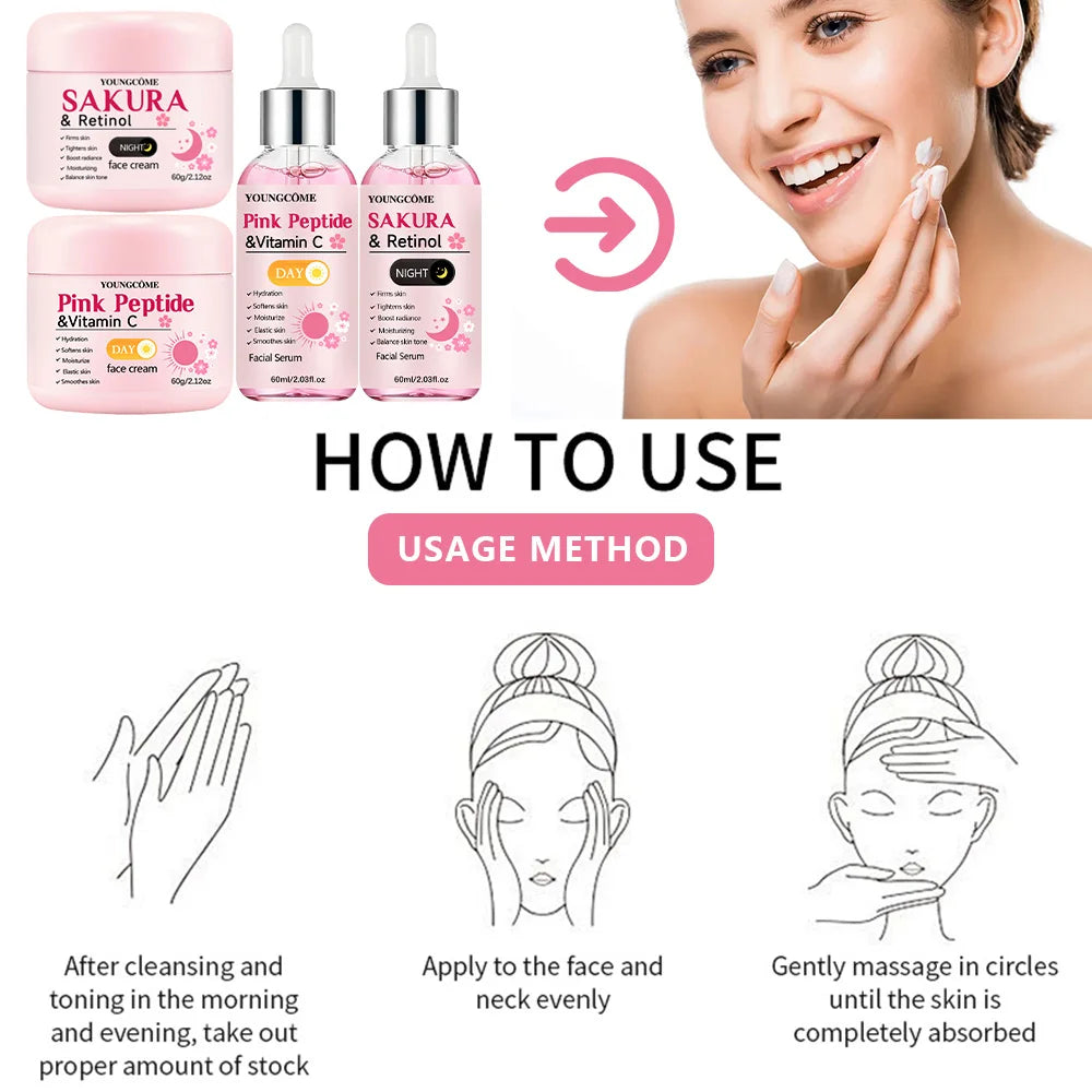 Pink Peptide & Sakura Retinol Day & Night Skincare Set 4pcs
