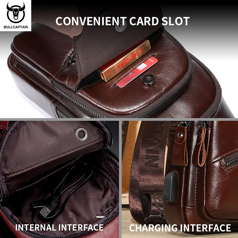 BULLCAPTAIN Men's Leather Chest Bag – Large Capacity Sling Messenger Bag XB-127